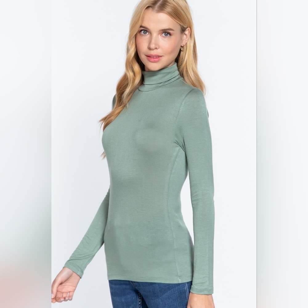 Sage Green Second Skin Semi Sheer Turtleneck Long Sleeve Tee Shirt